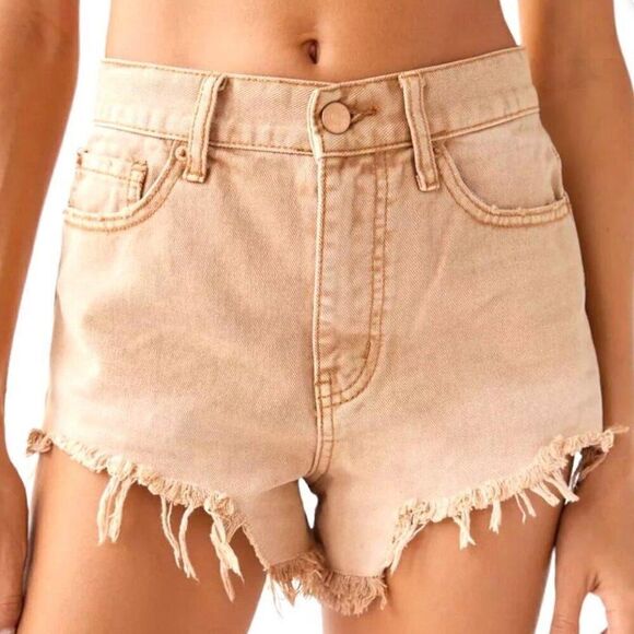BDG Cheeky Shorts Neutral Tan Frayed - Picture 1 of 10